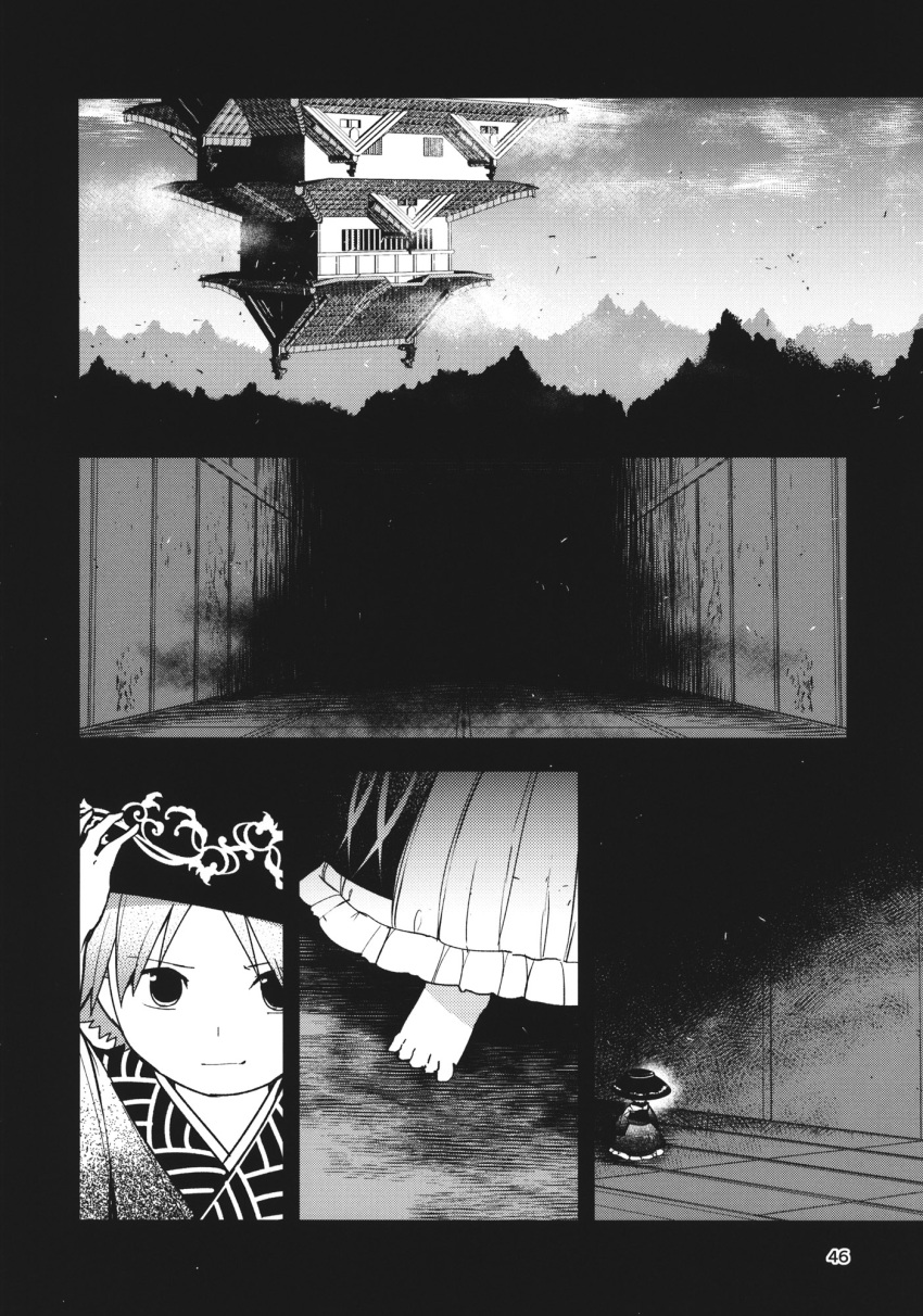 1girl bowl bowl_hat comic greyscale hat highres japanese_clothes kimono long_sleeves monochrome obi page_number sash shining_needle_castle short_hair sukuna_shinmyoumaru touhou urin