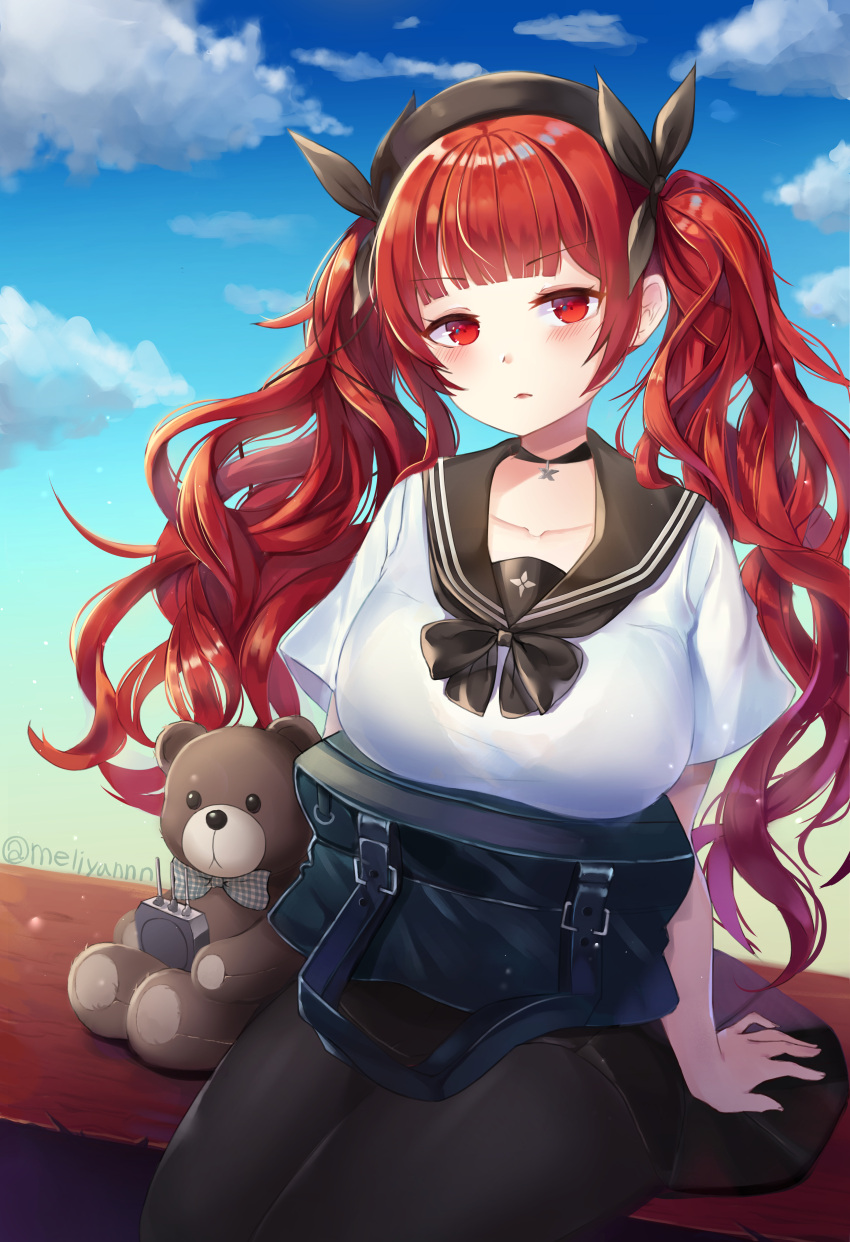 1girl absurdres ahoge arm_support azur_lane bag bangs bench beret black_bow black_choker black_footwear black_hat black_legwear black_neckwear black_ribbon black_skirt blue_sky blunt_bangs blush bow breasts choker closed_mouth clouds collarbone day eyebrows_visible_through_hair hair_ribbon hat highres honolulu_(azur_lane) long_hair looking_away medium_breasts meliyannn outdoors pantyhose pleated_skirt red_eyes redhead ribbon school_bag school_uniform serafuku shirt short_sleeves sitting skirt sky solo stuffed_animal stuffed_toy teddy_bear thighband_pantyhose twintails twitter_username very_long_hair white_shirt