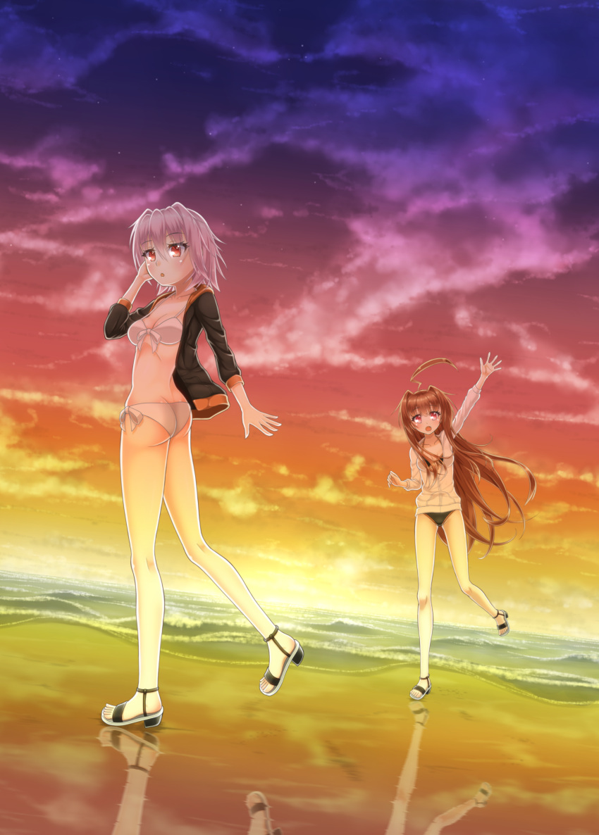 2girls :d :o ahoge arm_up ass bangs bikini bikini_under_clothes black_bikini blush breasts brown_hair cleavage clouds cloudy_sky collarbone commentary_request eyebrows_visible_through_hair front-tie_bikini front-tie_top hair_between_eyes high_heels highres horizon jacket kantai_collection kuma_(kantai_collection) long_hair long_sleeves medium_breasts multiple_girls ocean open_mouth outdoors parted_lips pink_hair red_eyes reflection revision sakaki_jin'ya sandals short_hair side-tie_bikini sky smile standing standing_on_one_leg sunset swimsuit tama_(kantai_collection) very_long_hair water white_bikini white_footwear white_jacket