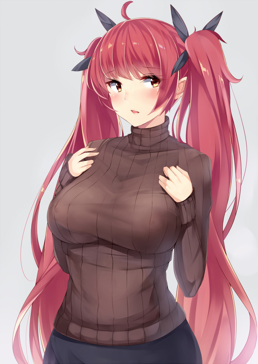 1girl ahoge alternate_costume azur_lane bangs black_ribbon blush breasts brown_eyes casual commentary_request eyebrows_visible_through_hair grey_background hair_ribbon hands_on_own_chest hands_up highres honolulu_(azur_lane) irohasu large_breasts long_hair long_sleeves looking_at_viewer open_mouth redhead ribbon simple_background solo sweater turtleneck turtleneck_sweater twintails upper_body very_long_hair