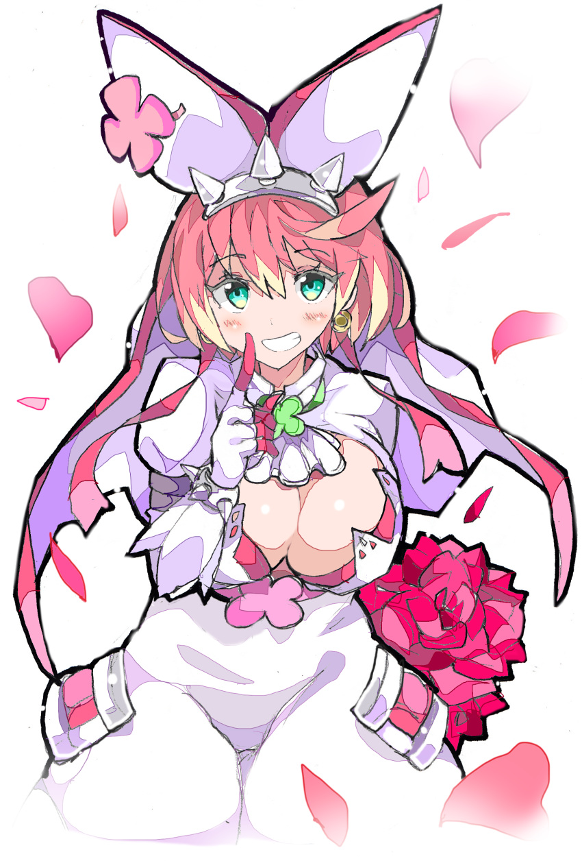 1girl absurdres aqua_eyes arm_behind_back bangs blush bouquet bracelet breasts bridal_veil cleavage cleavage_cutout clover dress elphelt_valentine enpe eyebrows_visible_through_hair flower four-leaf_clover gloves guilty_gear guilty_gear_xrd hair_between_eyes hairband highres index_finger_raised jewelry juliet_sleeves large_breasts long_sleeves petals pink_hair puffy_sleeves short_hair solo spiked_bracelet spiked_hairband spikes veil white_background white_dress