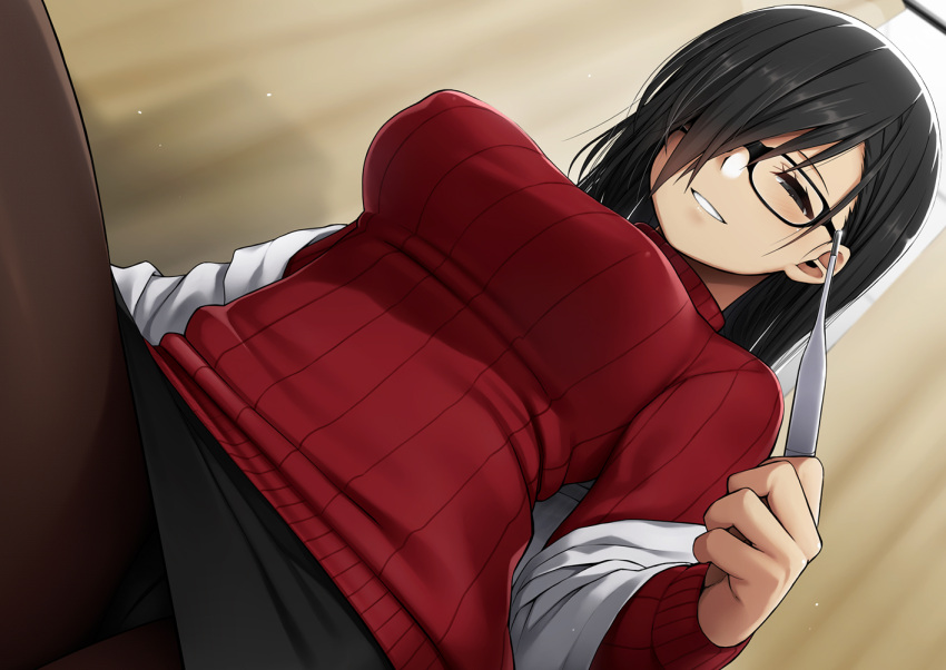 1girl bangs black-framed_eyewear black_eyes black_hair black_legwear black_skirt blush breasts curtains glasses hair_over_one_eye half-closed_eyes holding_thermometer indoors infirmary kamata_yuuya labcoat large_breasts long_hair looking_at_viewer off_shoulder original pantyhose pov red_sweater school_nurse sidelocks skirt smirk solo sweater thermometer turtleneck turtleneck_sweater white_coat