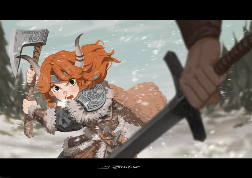 1girl absurdres armor axe bangs battle black_eyes braid capelet dagger devil_lo eyebrows_visible_through_hair fighting_stance hair_ornament hairband highres holding holding_axe holding_sword holding_weapon horns long_hair looking_at_another open_mouth orange_hair original out_of_frame shoulder_armor snow snowing standing sword tagme twin_braids viking weapon