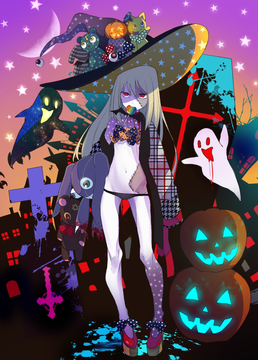 1girl bangs black_bow black_coat black_hat black_panties blood bow claws coffin commentary crescent_moon english_commentary ghost glowing grey_hair groin hair_between_eyes halloween hat highres jack-o'-lantern kayanogura keyhole long_hair long_sleeves moon navel object_hug off_shoulder orange_bow original panties print_bow print_hat red_eyes red_footwear shoes sky sleeves_past_fingers sleeves_past_wrists solo star star_print stitches stuffed_animal stuffed_bunny stuffed_cat stuffed_toy teddy_bear tombstone underwear unmoving_pattern very_long_hair witch_hat