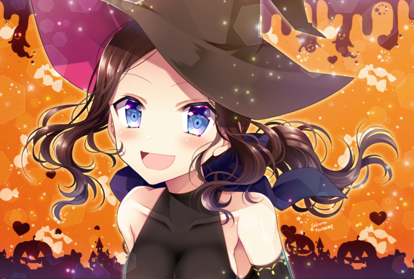 1girl :d bangs bare_shoulders black_shirt blue_eyes blush breasts brown_hair brown_hat collarbone commentary_request covered_collarbone detached_sleeves eyebrows_visible_through_hair fate/grand_order fate_(series) forehead ghost hat jack-o'-lantern large_breasts leonardo_da_vinci_(fate/grand_order) long_hair open_mouth orange_background parted_bangs sakura_tsubame shirt signature sleeveless sleeveless_shirt smile solo upper_body witch_hat
