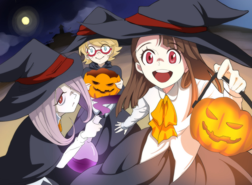 3girls bat blonde_hair blue_eyes brown_hair cape clouds commentary fence flask full_moon hair_over_one_eye halloween hat highres jack-o'-lantern kagari_atsuko kog2n little_witch_academia long_hair looking_at_viewer lotte_jansson moon moonlight multiple_girls night night_sky orange_neckwear pink_hair potion red_eyes short_hair silhouette sky smile sucy_manbavaran witch witch_hat