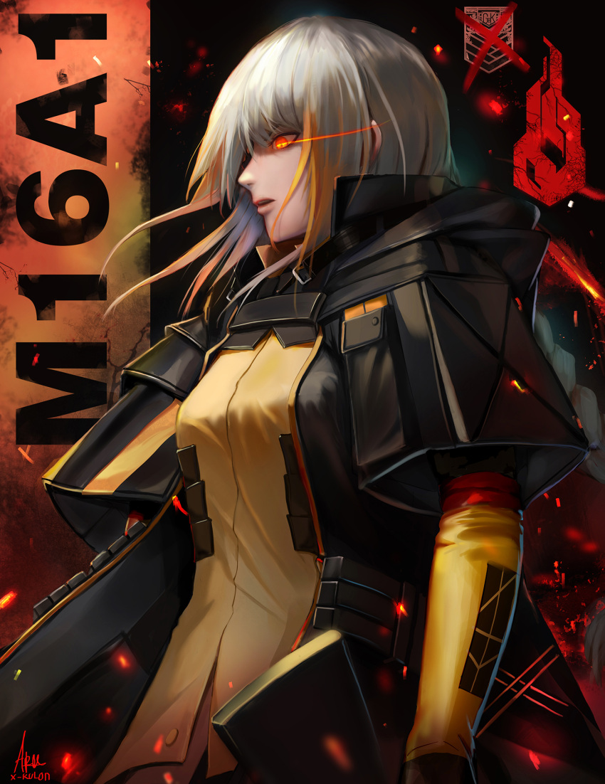 1girl assault_rifle bangs blonde_hair braid breasts cape capelet character_name corruption elbow_gloves eyepatch floating_hair girls_frontline gloves glowing glowing_eyes gun high_collar highres holding jacket light_particles long_hair looking_down m16 m16a1 m16a1_(girls_frontline) mole mole_under_eye multicolored_hair necktie open_mouth orange_eyes rifle sangvis_ferri scar shirt signature solo spoilers streaked_hair untucked_shirt weapon white_hair x-kulon yellow_shirt