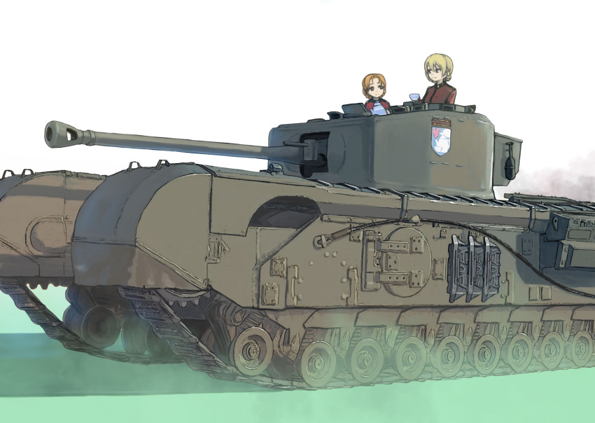 2girls bangs blonde_hair blue_eyes braid caterpillar_tracks churchill_(tank) closed_mouth commentary_request cup darjeeling dust_cloud emblem girls_und_panzer ground_vehicle highres holding holding_cup hood hoodie looking_at_another military military_vehicle motor_vehicle multiple_girls muzzle_brake nito_(nshtntr) open_clothes open_hoodie orange_hair orange_pekoe parted_bangs revision short_hair smile st._gloriana's_(emblem) st._gloriana's_military_uniform tank teacup teapot tied_hair twin_braids white_background