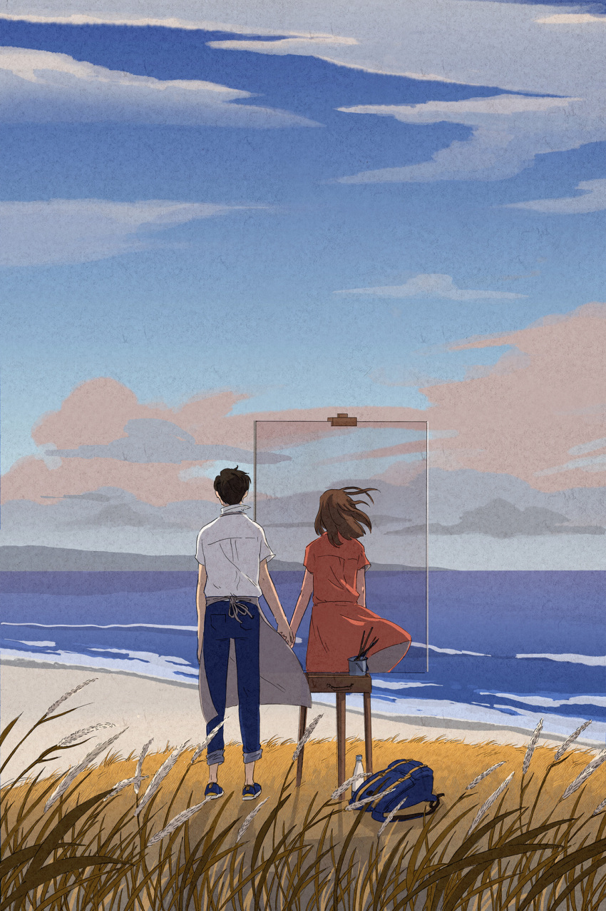 1boy 1girl 2d_dating apron beach black_hair brown_hair clouds cloudy_sky day denim dion_mbd easel from_behind hand_holding highres jeans ocean original painting pants sky solo