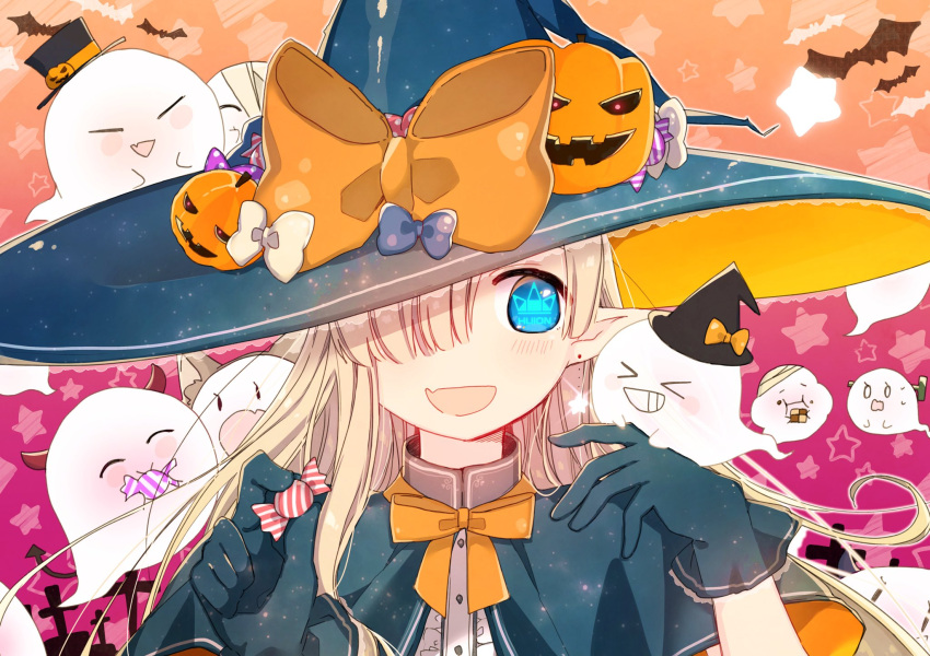 1girl :d animal_ear_fluff animal_ears bandage_over_one_eye black_hat blonde_hair blue_bow blue_capelet blue_eyes blue_gloves blue_hat blush bolt bow candy_wrapper capelet center_frills checkerboard_cookie commentary_request cookie dress_shirt fang food frills ghost gloves hair_over_one_eye hands_up hat hat_bow highres holding holding_food horns jack-o'-lantern long_hair looking_at_viewer mini_hat mini_top_hat open_mouth orange_bow original pointy_ears shirt smile sofra solo star tilted_headwear top_hat upper_body white_bow white_shirt witch_hat