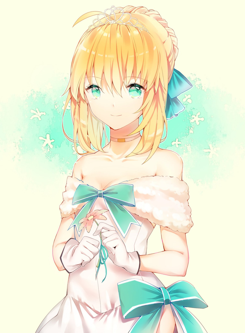 1girl ahoge artoria_pendragon_(all) blonde_hair blue_bow blue_eyes bow braided_bun breasts choker cleavage collarbone diadem dress eyebrows_visible_through_hair fate/stay_night fate_(series) flower gloves hair_between_eyes hair_bow highres holding holding_flower kamiowl long_hair off-shoulder_dress off_shoulder saber shiny shiny_hair sleeveless sleeveless_dress small_breasts solo standing white_background white_dress white_gloves