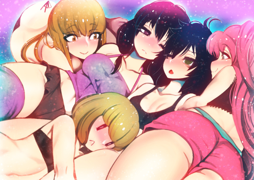 blonde_hair blush brown_hair girl_sandwich hakkasame katou_asuka kuroki_tomoko long_hair low_twintails multiple_girls nemoto_hina pink_hair sandwiched short_hair short_shorts shorts smile spaghetti_strap tamura_yuri thighs twintails two_side_up uchi_emiri watashi_ga_motenai_no_wa_dou_kangaetemo_omaera_ga_warui!