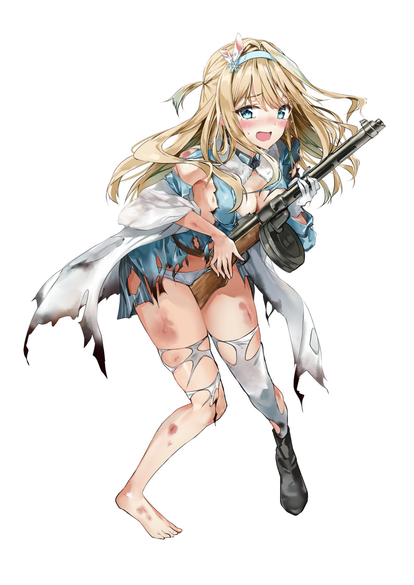 1girl absurdres blonde_hair blue_eyes blue_hairband blush breasts cleavage fujisaki_ribbon full_body girls_frontline gloves gun hair_ornament hairband highres holding holding_gun holding_weapon long_hair medium_breasts open_mouth panties simple_background solo standing sweatdrop thigh-highs torn_clothes torn_legwear underwear very_long_hair weapon white_background white_gloves white_legwear white_panties