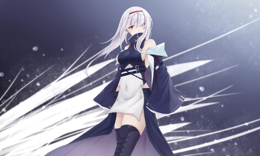1girl absurdres arm_strap azur_lane bangs belt belt_buckle belt_collar black_legwear black_skirt blue_hairband boots breasts buckle cleavage coat colorado_(azur_lane) covered_navel detached_sleeves dress expressionless groin hair_over_one_eye hairband highres jacket_on_shoulders large_breasts light_particles long_hair looking_at_viewer medium_breasts multiple_straps off_shoulder open_clothes open_skirt pelvic_curtain qiye_luoying red_eyes sideboob sidelocks silver_hair skindentation skirt sleeveless sleeveless_dress sleeves_past_fingers sleeves_past_wrists solo standing thigh-highs thigh_boots thighs white_hair wide_sleeves wind