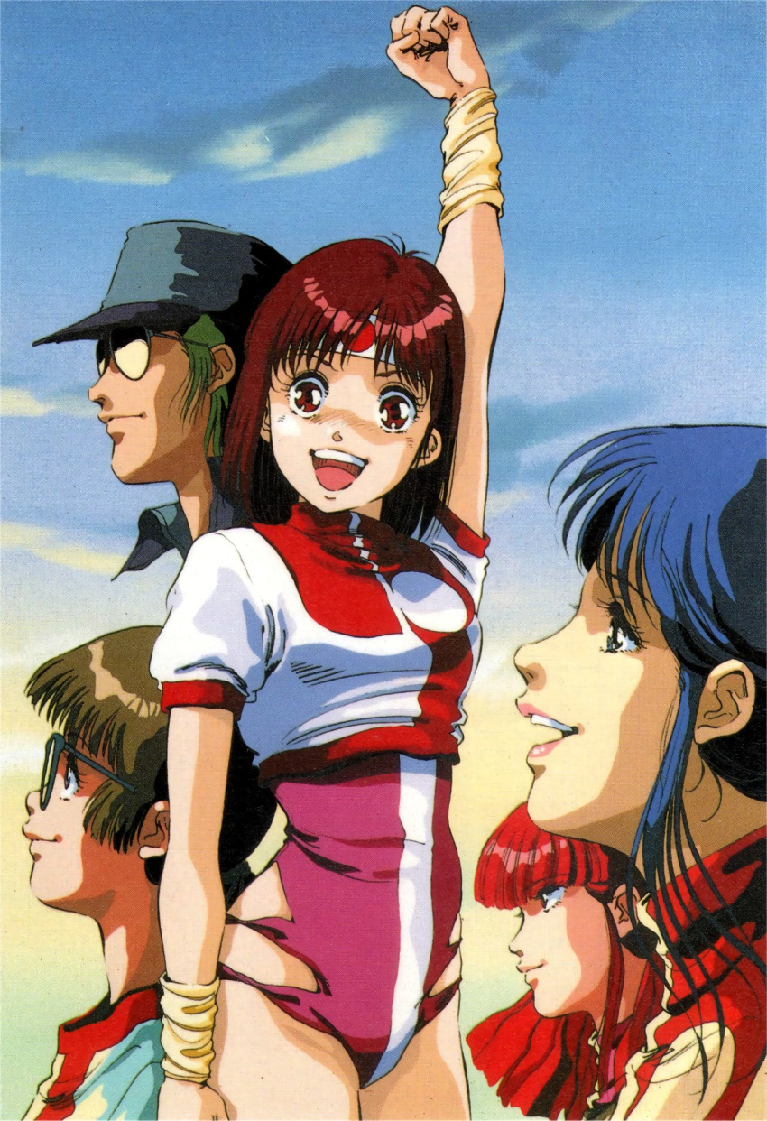 1boy 4girls 80s amano_kazumi arm_up blue_eyes blue_hair brown_eyes brown_hair gainax hat headband highres higuchi_kimiko jung_freud leotard lipstick long_hair looking_at_viewer makeup mikimoto_haruhiko multiple_girls official_art oldschool open_mouth profile red_eyes redhead scan short_hair short_sleeves sunglasses takaya_noriko top_wo_nerae! upper_teeth wristband