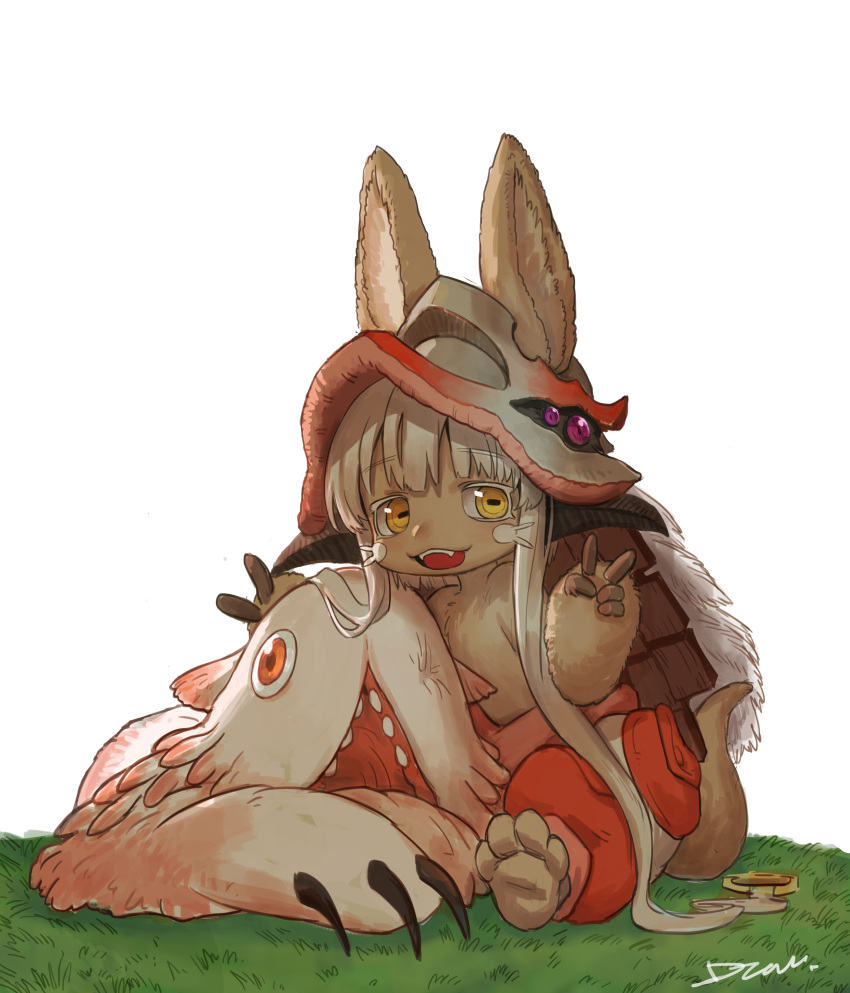 1girl 1other absurdres animal_ears barefoot claws devil_lo double_v eyebrows_visible_through_hair fangs frog_eyes fur furry grass hair_ornament helmet highres long_hair looking_at_viewer made_in_abyss mitty_(made_in_abyss) nanachi_(made_in_abyss) one-eyed orange_eyes orange_pants rabbit_ears sitting sitting_on_ground smile tagme tail v violet_eyes white_hair yellow_eyes