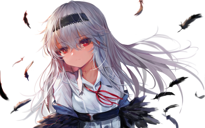 1girl bangs black_feathers black_hairband breasts closed_mouth collared_shirt commentary_request dokomon eyebrows_visible_through_hair feather_trim feathers girls_frontline grey_hair hair_between_eyes hairband head_tilt highres looking_at_viewer neck_ribbon red_eyes red_ribbon ribbon shirt small_breasts solo stitches thunder_(girls_frontline) upper_body white_background white_shirt