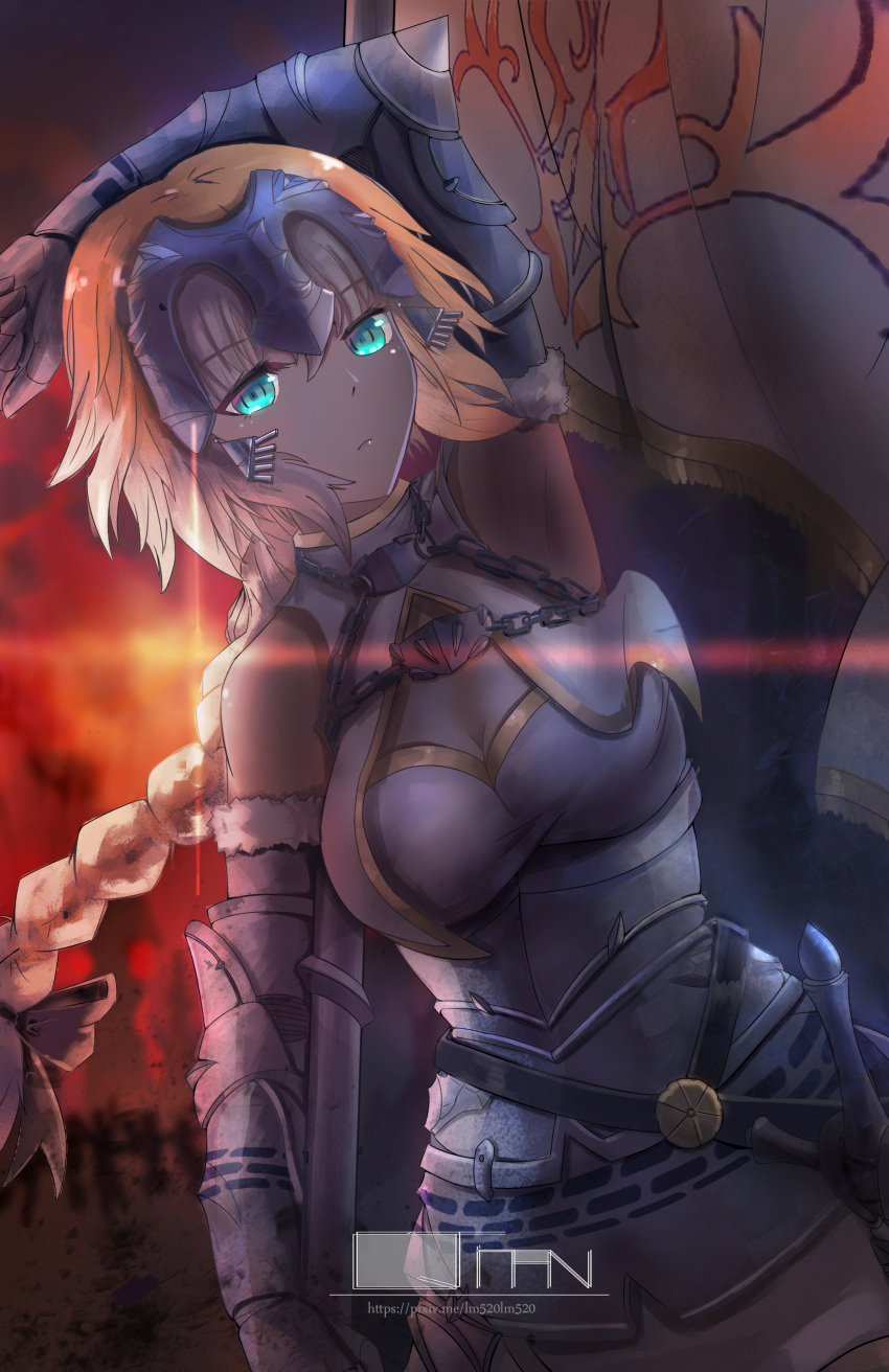 1girl absurdres arm_up armor armpits artist_name backlighting blonde_hair blue_eyes braid braided_ponytail breasts cleavage dutch_angle eyebrows_visible_through_hair fate/apocrypha fate_(series) hair_between_eyes highres jeanne_d'arc_(alter)_(fate) jeanne_d'arc_(fate)_(all) lm520lm520 long_hair medium_breasts single_braid solo very_long_hair watermark web_address