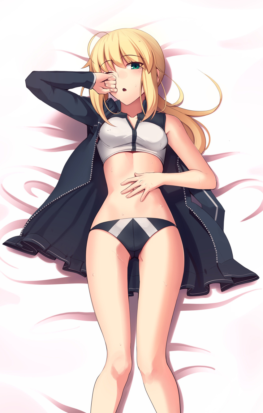 1girl absurdres ahoge artoria_pendragon_(all) artoria_pendragon_(swimsuit_archer) bed_sheet black_bikini_bottom black_jacket boa_(brianoa) breasts eyebrows_visible_through_hair fate/grand_order fate_(series) from_above green_eyes highres jacket long_hair looking_at_viewer lying midriff navel on_back one_eye_closed open_clothes open_jacket open_mouth ponytail small_breasts solo sports_bikini stomach unzipped white_bikini_top