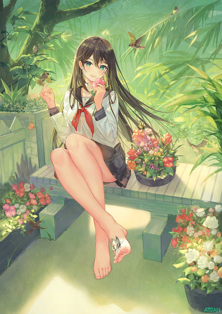 1girl animal artist_name atdan bangs bare_legs barefoot bench bird bird_on_finger black_sailor_collar black_skirt blush breasts brown_hair bug butterfly collarbone commentary english_commentary eyebrows_visible_through_hair flower full_body green_eyes hair_between_eyes hands_up head_tilt highres holding holding_flower insect leaf long_hair long_sleeves looking_at_viewer nature neckerchief on_bench on_finger original parted_lips pink_flower pleated_skirt purple_flower red_flower sailor_collar school_uniform serafuku shirt sitting skirt small_breasts smile solo tree very_long_hair white_shirt