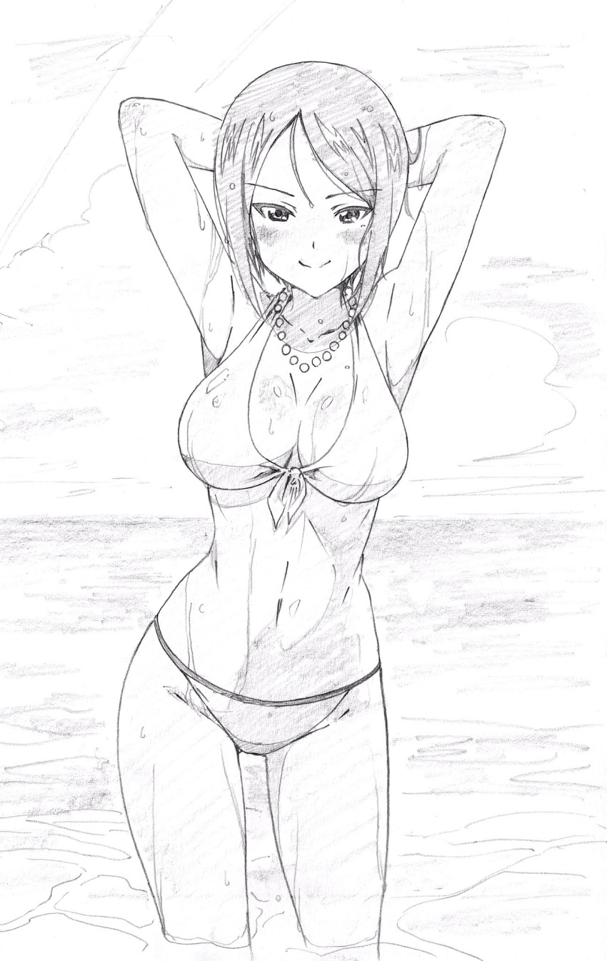 1girl armpits arms_behind_head arms_up bangs bikini breasts chouno_ami cleavage closed_mouth clouds cloudy_sky commentary cowboy_shot day eyebrows_visible_through_hair front-tie_bikini front-tie_top girls_und_panzer gluteal_fold graphite_(medium) greyscale highres jewelry large_breasts leaning_forward leaning_to_the_side looking_at_viewer monochrome navel necklace ocean outdoors pearl_necklace pink_x short_hair sky smile solo standing string_bikini swept_bangs swimsuit traditional_media wading