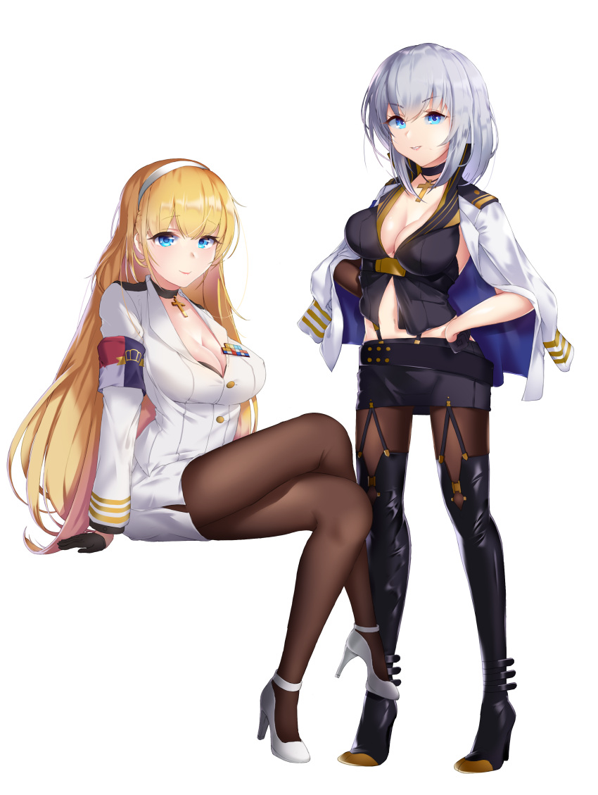 2girls absurdres apertio azur_lane black_gloves black_legwear black_skirt blonde_hair blue_eyes boots breasts choker formal gloves highres long_hair military military_uniform miniskirt multiple_girls north_carolina_(azur_lane) pantyhose short_hair silver_hair sitting skirt smile suit uniform washington_(azur_lane)