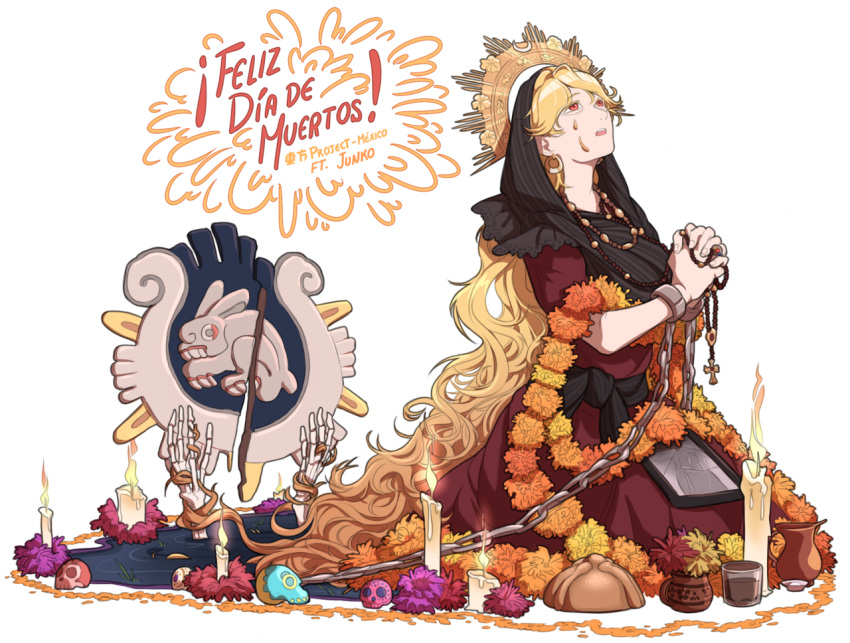 1girl alternate_costume bread calavera candle chains commentary_request crack crescent cross cuffs dia_de_los_muertos dress earrings eyebrows_visible_through_hair fire flower food hands_clasped headdress jewelry junko_(touhou) kneeling long_hair looking_up marigold mefomefo necklace open_mouth own_hands_together picture_frame pitcher praying puddle rabbit red_dress red_eyes ring rosary sash saucer shackles shawl shield simple_background skeletal_arm skeletal_hand skull solo spanish_commentary tears text_focus touhou very_long_hair white_background