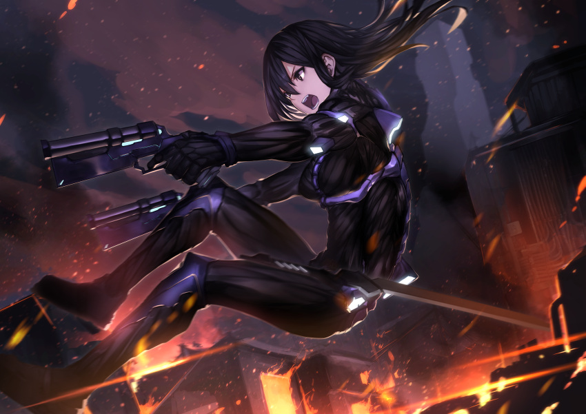 1girl :o absurdres black_bodysuit black_footwear black_gloves black_hair bodysuit brown_eyes copyright_request dual_wielding fire fixro2n gloves gun highres holding holding_gun holding_weapon huge_filesize jumping long_hair looking_to_the_side midair official_art shouting skin_tight solo very_long_hair weapon
