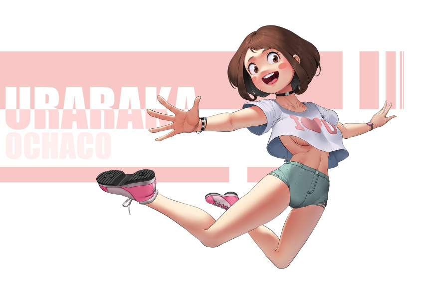 1girl :d absurdres blush_stickers boku_no_hero_academia breasts brown_eyes brown_hair calligraphy_brush_(medium) character_name choker commentary_request denim denim_shorts highres jumping moonlit no_bra open_mouth outstretched_arms shirt shoes short_hair short_shorts shorts smile sneakers solo under_boob uraraka_ochako white_background white_shirt