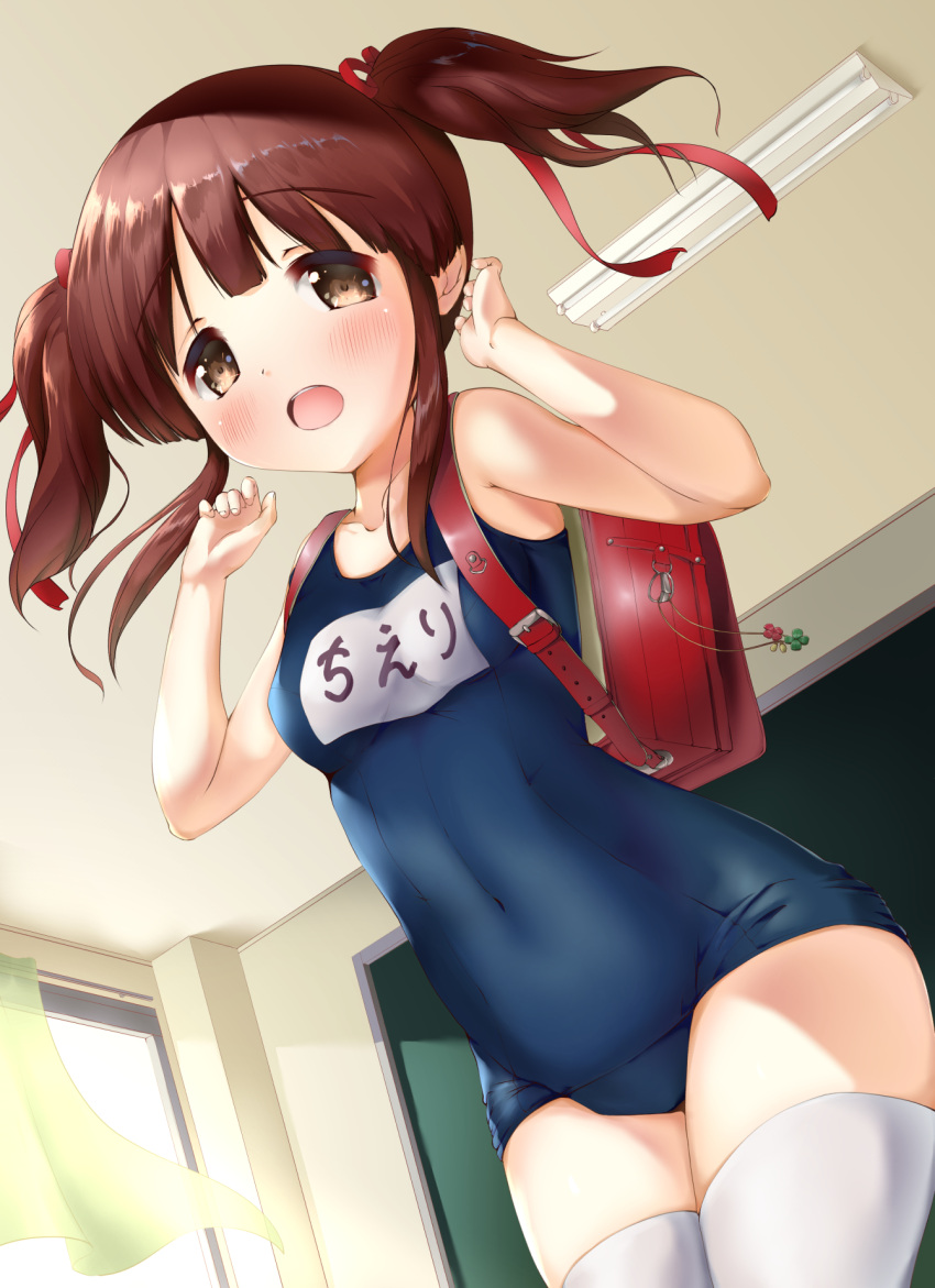 1girl backpack bag bangs bare_arms bare_shoulders blue_swimsuit blush brown_eyes brown_hair ceiling_light classroom commentary_request cowboy_shot curtains day eyebrows_visible_through_hair hair_ribbon hands_up highres idolmaster idolmaster_cinderella_girls indoors kuroba_aki long_hair name_tag navel ogata_chieri old_school_swimsuit one-piece_swimsuit randoseru red_ribbon ribbon school_swimsuit sidelocks small solo standing sunlight swimsuit thigh-highs twintails white_legwear window