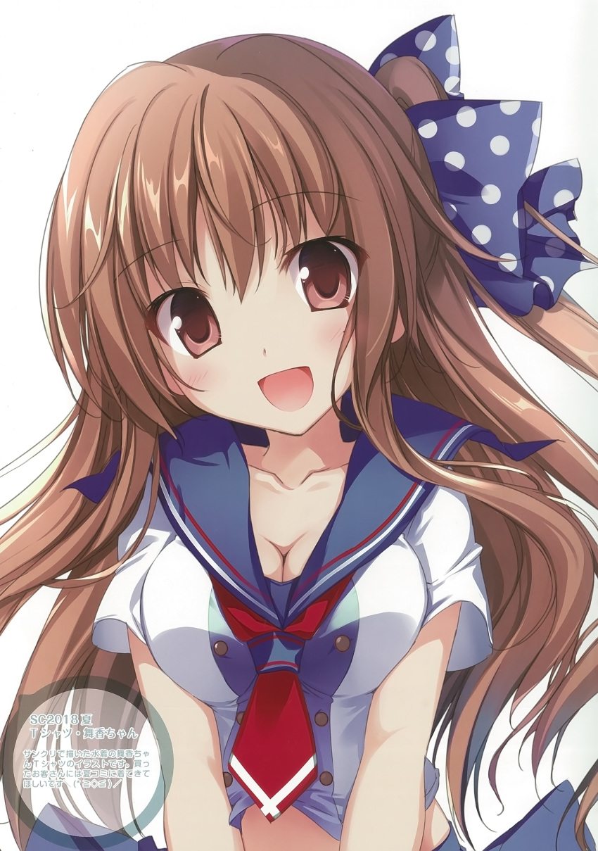 1girl absurdres bangs blush bow breasts brown_eyes brown_hair cleavage eyebrows_visible_through_hair hair_bow head_tilt highres karory long_hair looking_at_viewer medium_breasts midriff open_mouth original polka_dot sailor_collar scan school_uniform short_sleeves side_ponytail sidelocks simple_background smile solo upper_body white_background