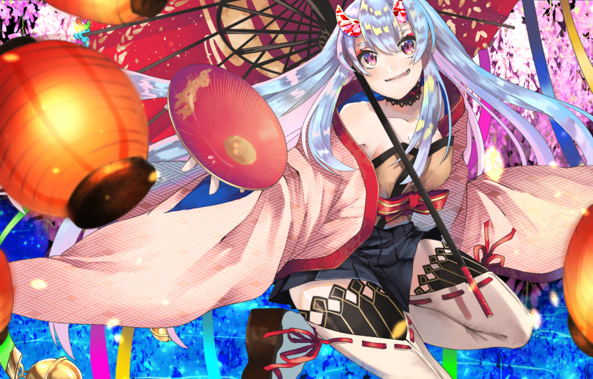 1girl bare_shoulders bell blue_background breasts cherry_blossoms detached_sleeves hair_between_eyes highres jingle_bell lantern light_blue_hair oni_horns original paper_lantern parasol pink_background pink_eyes red_background red_umbrella sandals small_breasts smile thigh-highs umbrella unmoving_pattern white_legwear wide_sleeves yatano_(ytn)