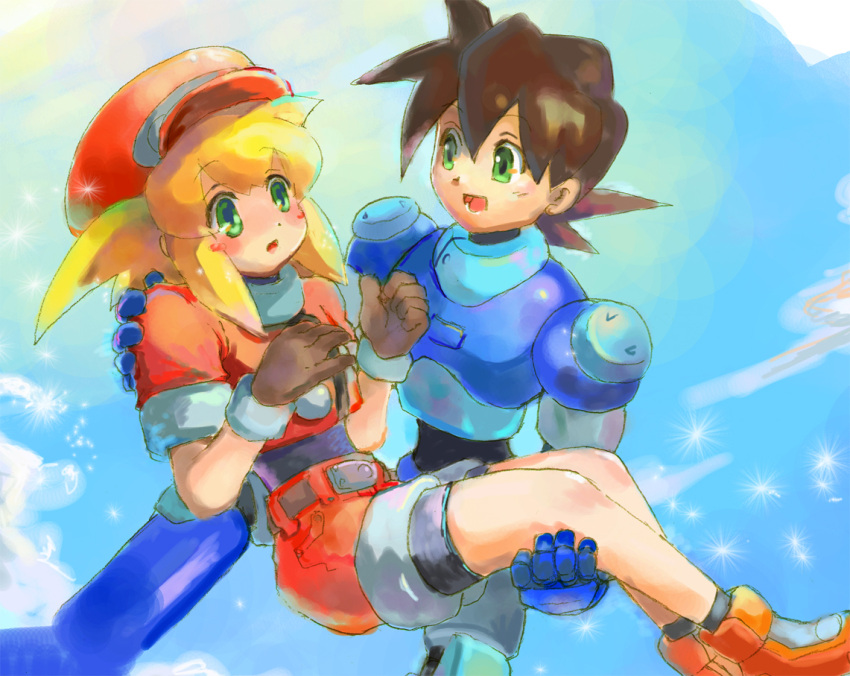 1boy 1girl blonde_hair breasts brown_hair cabbie_hat commentary_request dinef gloves green_eyes hat jacket long_hair open_mouth red_jacket rock_volnutt rockman rockman_dash roll_caskett smile