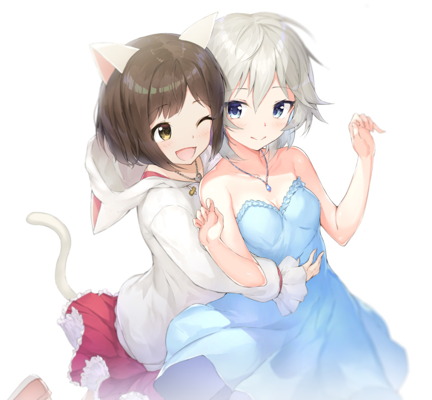 2girls ;d anastasia_(idolmaster) animal_ears animal_hood bangs bare_arms bare_shoulders blue_dress blue_eyes blush brown_eyes brown_footwear brown_hair cat_ears cat_girl cat_hood cat_tail closed_mouth commentary_request dress eyebrows_visible_through_hair hair_between_eyes hands_up highres hood hood_down hoodie idolmaster idolmaster_cinderella_girls long_sleeves maekawa_miku multiple_girls one_eye_closed open_mouth pleated_skirt puffy_long_sleeves puffy_sleeves red_skirt rekareka shoes silver_hair skirt smile strapless strapless_dress tail tail_raised white_hoodie