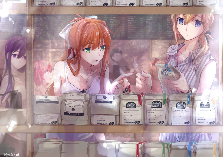 1boy 5girls artist_name artist_self-insert bag bangs black_hair black_vest blonde_hair blue_eyes blue_ribbon blue_stripes blurry bow bracelet breasts brown_hair casual cleavage closed_eyes coffee coffee_beans coffee_grinder collarbone commentary depth_of_field doki_doki_literature_club dress green_eyes grin hair_bow hair_ornament highres jewelry lens_flare long_hair long_sleeves monika_(doki_doki_literature_club) multiple_girls musical_note_necklace natsuki_(doki_doki_literature_club) open_mouth orange_hair pin.s pink_eyes pink_hair pointing ponytail purple_hair red_bow ribbon sayori_(doki_doki_literature_club) shirt short_hair sidelocks sleeveless sleeveless_dress smile spaghetti_strap striped sweater turtleneck turtleneck_sweater vertical_stripes vest violet_eyes waving white_bow white_dress white_shirt wing_collar yuri_(doki_doki_literature_club)