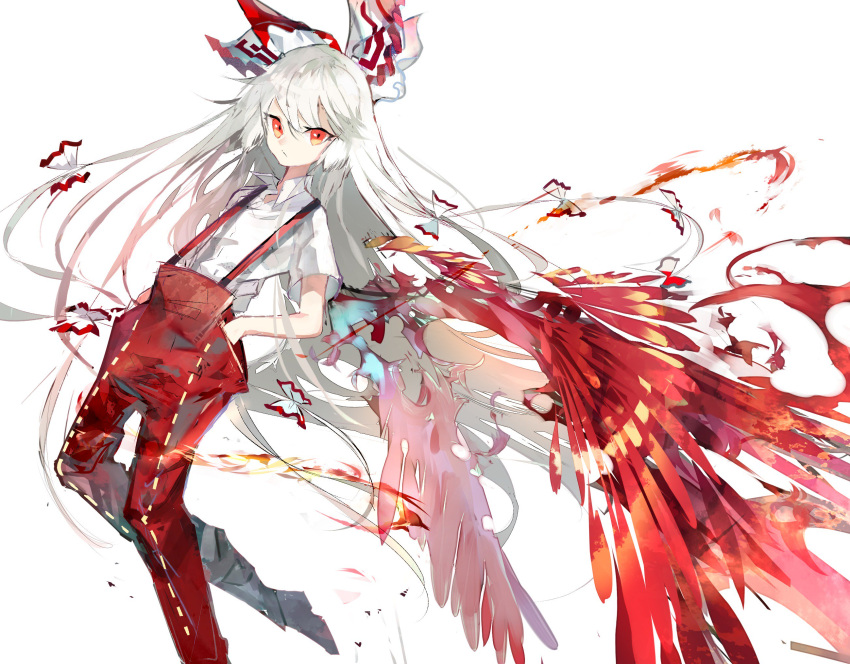1girl absurdly_long_hair arched_back bangs bow collared_shirt commentary_request feathered_wings fire fujiwara_no_mokou hair_bow hands_in_pockets highres long_hair looking_at_viewer pants red_eyes red_pants red_wings rooseputo_02 shirt shoes simple_background solo standing suspenders touhou very_long_hair white_background white_bow white_hair white_shirt wing_collar wings