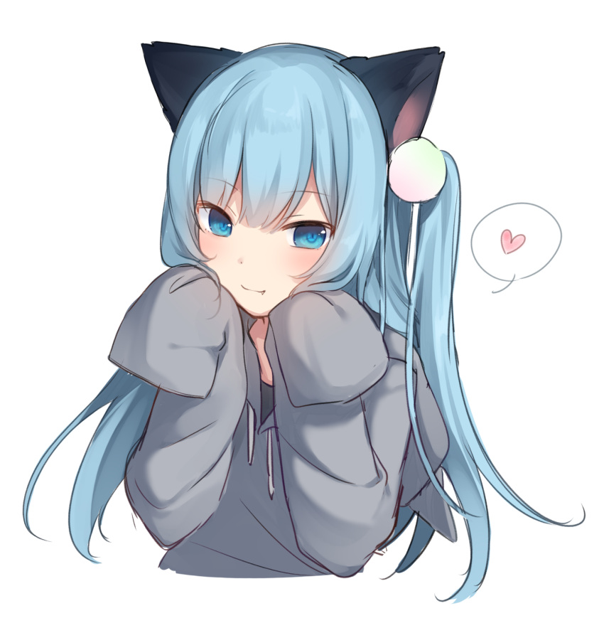 1girl amashiro_natsuki animal_ears bangs blue_eyes blue_hair blush cat_ears closed_mouth commentary_request drawstring eyebrows_visible_through_hair fang fang_out grey_hoodie hair_between_eyes hands_up heart highres hood hood_down hoodie long_hair long_sleeves one_side_up original simple_background sleeves_past_fingers sleeves_past_wrists smile solo spoken_heart upper_body very_long_hair white_background