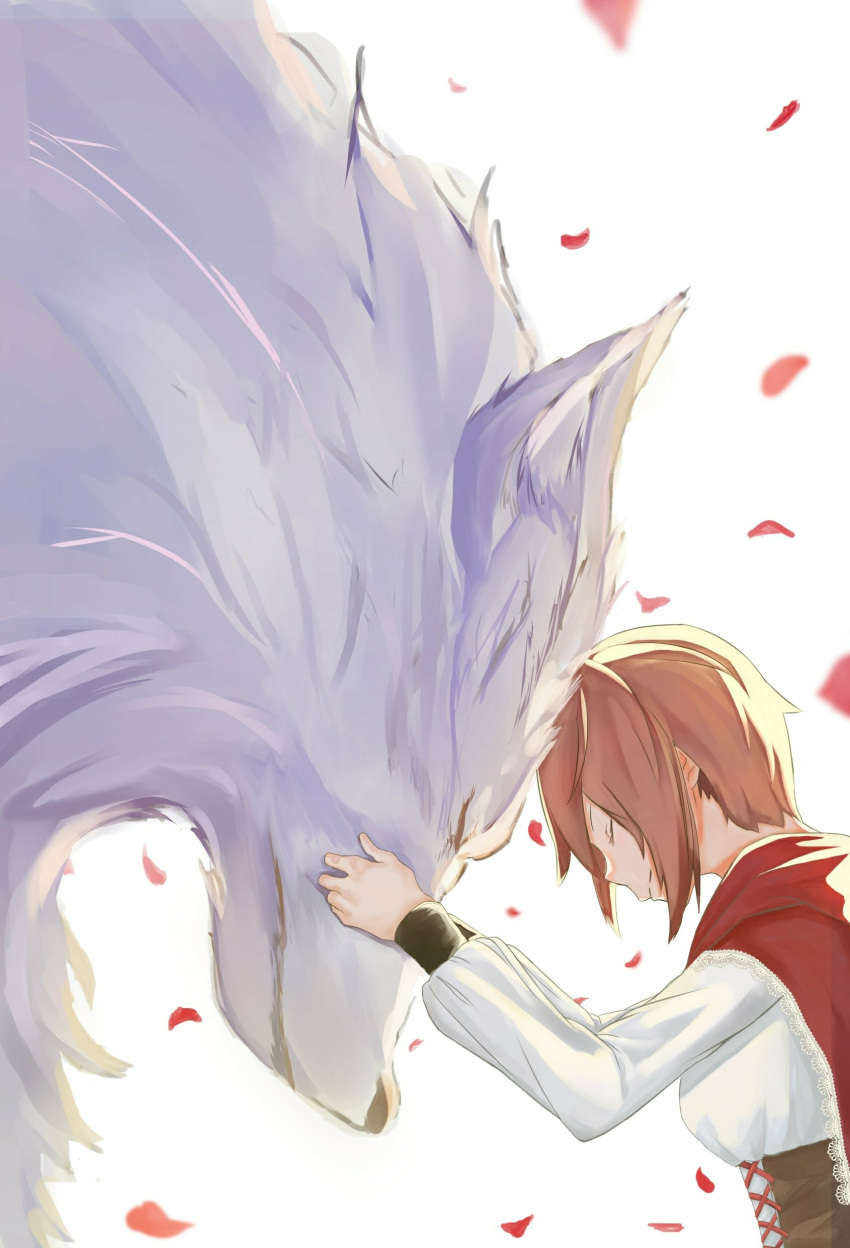 1girl absurdres animal brown_hair cape closed_eyes closed_mouth corset hands_on_another's_face head_to_head highres little_red_riding_hood long_sleeves nananamako original petals red_cape rose_petals short_hair simple_background smile tagme white_background white_wolf wolf