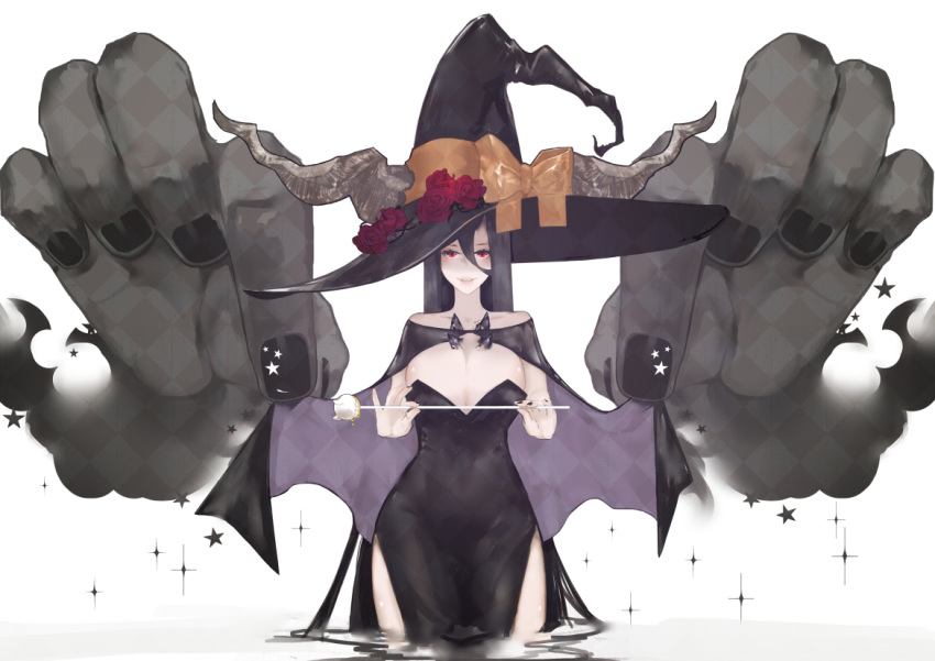 1girl alternate_costume battleship_hime black_dress black_hair breasts cape cleavage commentary_request dress flower hands hat hat_flower horns huge_breasts kantai_collection long_hair looking_back nello_(luminous_darkness) pale_skin parted_lips red_eyes shinkaisei-kan simple_background solo star wand white_background witch_hat