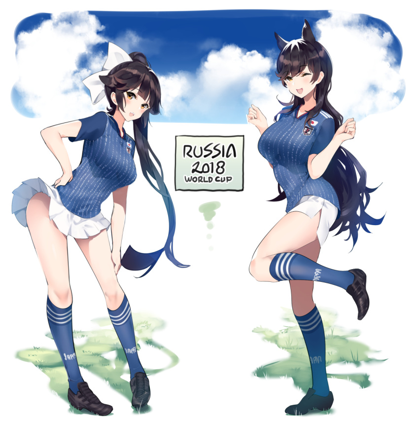 2018_fifa_world_cup 2girls animal_ears ann_(ann58533111) atago_(azur_lane) azur_lane bangs black_hair blue_legwear blue_shirt bow brown_eyes extra_ears full_body hair_bow hair_flaps highres japan kneehighs leaning_to_the_side looking_at_viewer mole mole_under_eye multiple_girls pleated_skirt ponytail shirt shorts skirt soccer_uniform sportswear standing standing_on_one_leg swept_bangs takao_(azur_lane) white_bow white_shorts white_skirt wolf_ears world_cup