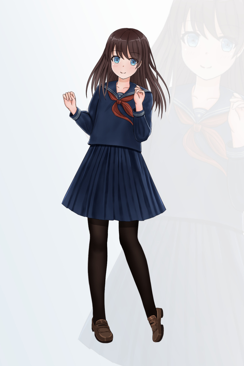 1girl bangs biako blue_eyes blue_sailor_collar blue_serafuku blue_shirt blue_skirt blush brown_footwear brown_hair brown_legwear closed_mouth collarbone commentary_request eyebrows_visible_through_hair full_body grey_background hair_between_eyes highres leaning_to_the_side loafers long_hair neckerchief original pantyhose pleated_skirt red_neckwear sailor_collar school_uniform serafuku shirt shoes skirt smile solo standing standing_on_one_leg zoom_layer