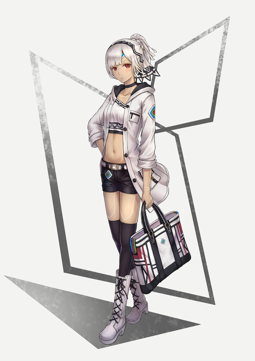 1girl altera_(fate) alternate_costume arm_at_side bag bangs belt belt_buckle black_legwear black_shorts blunt_bangs boots breast_pocket buckle buttons casual charm_(object) closed_mouth coat commentary_request crop_top cross-laced_footwear dark_skin fate/grand_order fate_(series) forehead_protector full_body grey_background grey_coat grey_hair high_heel_boots high_heels highres holding holding_bag hood hood_down hooded_coat hoodier knee_boots lace-up_boots long_sleeves looking_at_viewer navel open_clothes open_coat pocket ponytail red_eyes short_hair short_shorts shorts sleeves_folded_up solo standing stomach thigh-highs unbuttoned veil white_footwear