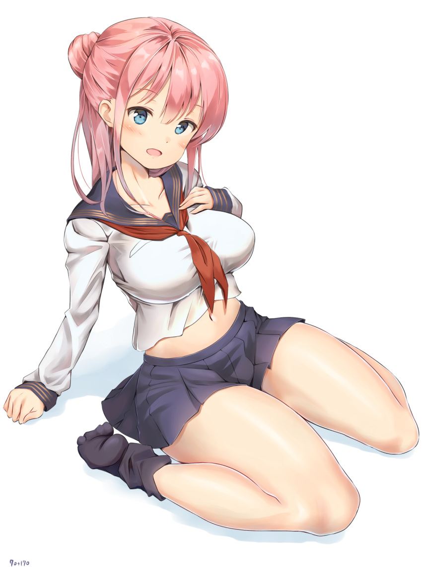 1girl aymusk bangs bare_legs blue_eyes blush breasts collarbone commentary_request crop_top curvy full_body gold_trim hand_up highres large_breasts legs long_sleeves looking_at_viewer loose_socks miniskirt navel neckerchief no_shoes open_mouth original pink_hair pleated_skirt plump red_neckwear sailor_collar school_uniform serafuku shirt sitting skirt solo stomach transparent_background triple_horizontal_stripe wariza white_shirt