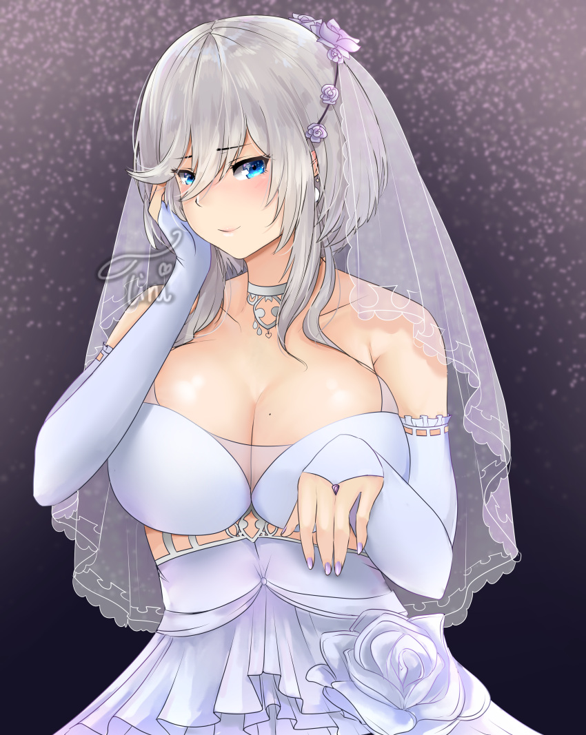 1girl absurdres artist_name azur_lane bangs blue_eyes blush breasts bridal_veil choker cleavage closed_mouth detached_sleeves dress earrings elbow_gloves eyebrows_visible_through_hair fingerless_gloves flower gloves hair_flower hair_ornament hand_on_own_face headband highres jewelry large_breasts looking_at_viewer mole mole_on_breast nail_polish purple_background purple_nails rose short_hair signature smile tini veil washington_(azur_lane) wedding_dress white_dress white_flower white_hair white_rose