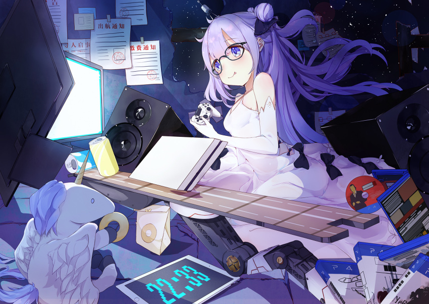 1girl 999kun azur_lane bangs blue_eyes can cd cd_case clock commentary controller digital_clock dress elbow_gloves evening_gown eyebrows_visible_through_hair game_console game_controller glasses gloves hair_between_eyes hair_ribbon highres long_hair one_side_up playstation_4 purple_hair ribbon sitting soda_can solo speaker stuffed_animal stuffed_toy stuffed_unicorn television tongue tongue_out unicorn_(azur_lane) wariza white_dress white_gloves