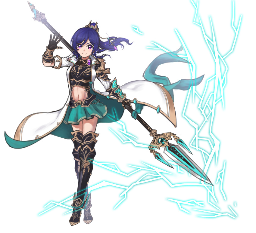 1girl absurdres armored_boots black_crop_top black_footwear black_gloves blue_hair boots coat corsetman crop_top floating_hair full_body gloves hair_ornament high_ponytail highres holding holding_spear holding_weapon long_hair looking_at_viewer love_live! love_live!_sunshine!! matsuura_kanan midriff miniskirt navel open_clothes open_coat pleated_skirt polearm shoulder_armor simple_background skirt solo spaulders spear standing stomach thigh-highs thigh_boots weapon white_background white_coat zettai_ryouiki