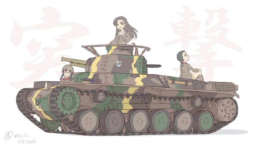 3girls black_hair braid caterpillar_tracks chi-hatan_(emblem) chi-hatan_military_uniform emblem fukuda_(girls_und_panzer) girls_und_panzer glasses ground_vehicle long_hair military military_vehicle motor_vehicle multiple_girls nishi_kinuyo smile tamada_(girls_und_panzer) tank tri twin_braids type_97_chi-ha white_background