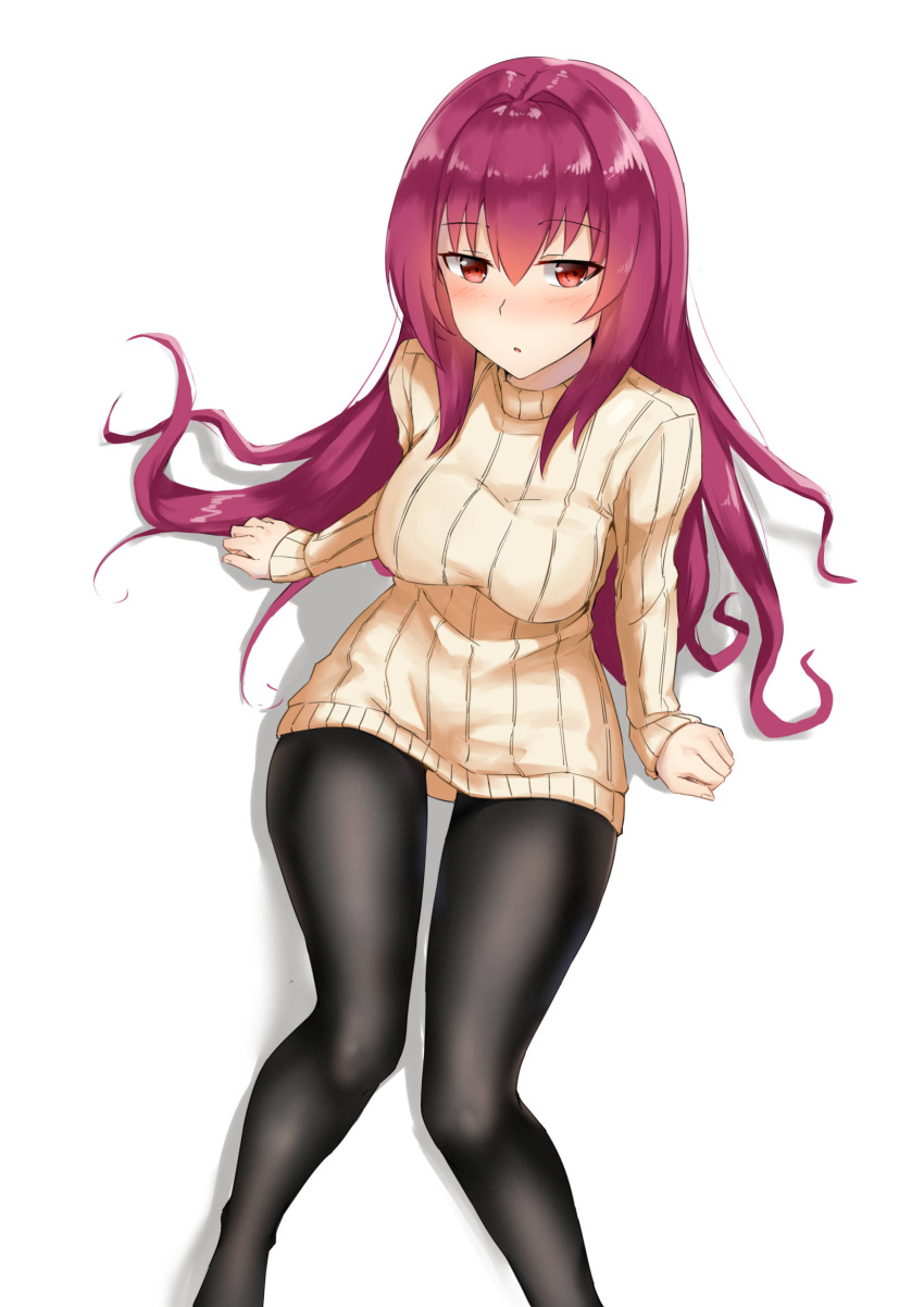 1girl :o arm_support black_legwear blush breasts eyebrows_visible_through_hair fate/grand_order fate_(series) highres legs long_hair long_sleeves looking_at_viewer m_kong medium_breasts pantyhose purple_hair red_eyes ribbed_sweater scathach_(fate)_(all) scathach_(fate/grand_order) sitting solo sweater turtleneck turtleneck_sweater very_long_hair yellow_sweater