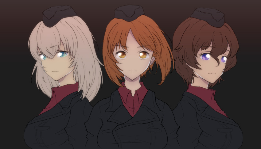 1girl alternate_hairstyle artist_name bangs blush commentary_request cropped_torso crossed_arms eyebrows_visible_through_hair fang frown girls_und_panzer hair_bobbles hair_ornament katyusha looking_away mityubi no_jacket open_mouth pravda_school_uniform red_shirt school_uniform shirt short_hair short_twintails snowflakes solo turtleneck twintails upper_body v-shaped_eyebrows