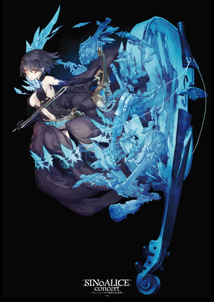 1girl alice_(sinoalice) black_background black_hair bow_(instrument) breasts broken cello center_opening commentary_request dress elbow_gloves eyebrows_visible_through_hair eyes_visible_through_hair gloves highres instrument ji_no looking_at_viewer medium_breasts navel official_art red_eyes short_hair sinoalice solo violin